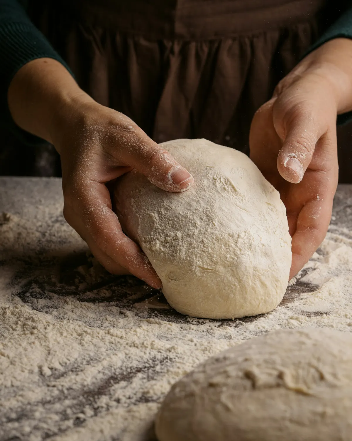 Hands shaping bread dough on a floured table